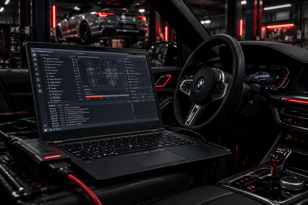 Laptop running vehicle software, connected inside a car cabin in a workshop